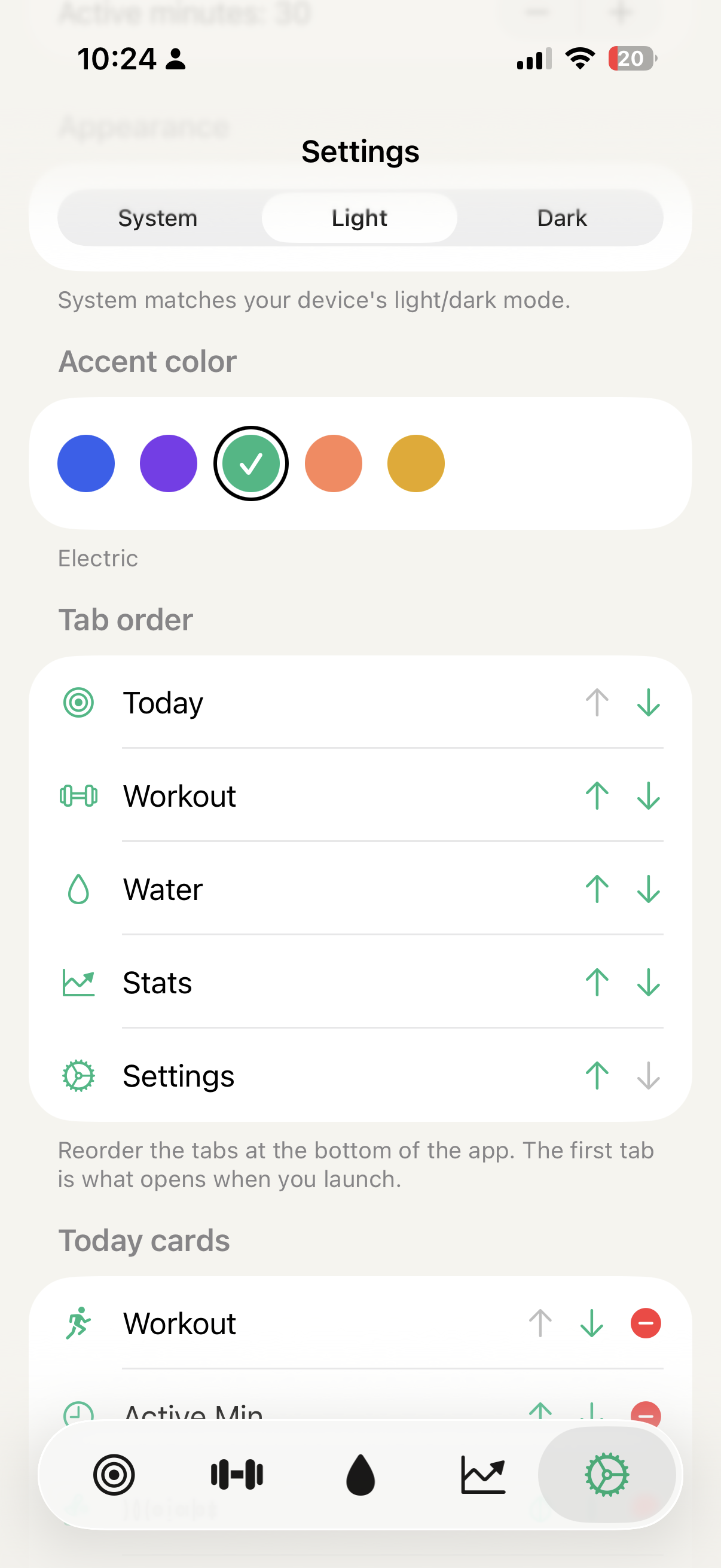 BuiltDaily Settings screen with appearance picker, accent color swatches, and tab order list