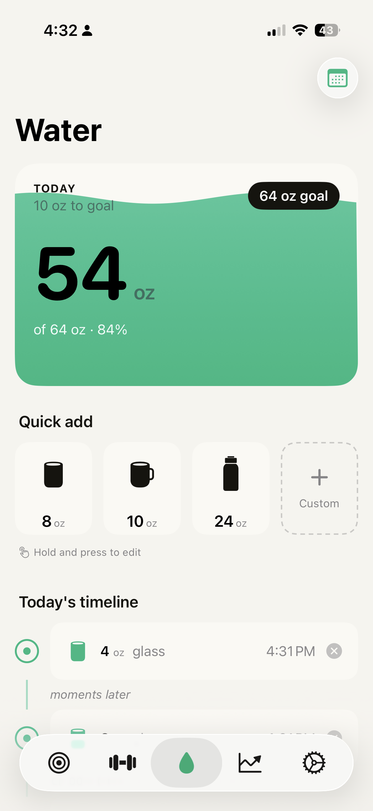 BuiltDaily Water screen showing 54 oz of 64 oz daily goal